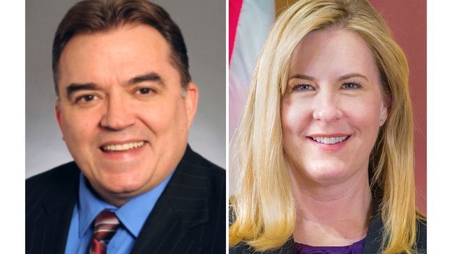 This combo from photos provided by Minnesota Legislature shows from left, Senator John A. Hoffman and Rep. Melissa Hortman.  (Minnesota Legislature via AP)