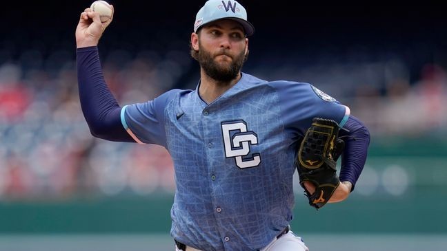 WASHINGTON, DC - JUNE 14: Trevor Williams #32 of the Washington Nationals pitches to the Miami Marlins during the first inning at Nationals Park on June 14, 2025 in Washington, DC. (Photo by Jess Rapfogel/Getty Images)
