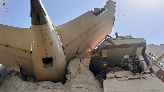 This photo shared by India's Central Industrial Security Force (CISF) shows debris of a plane that crashed in the northwestern Indian city of Ahmedabad, in Gujarat state, Thursday, June 12, 2025. (CISF via AP)