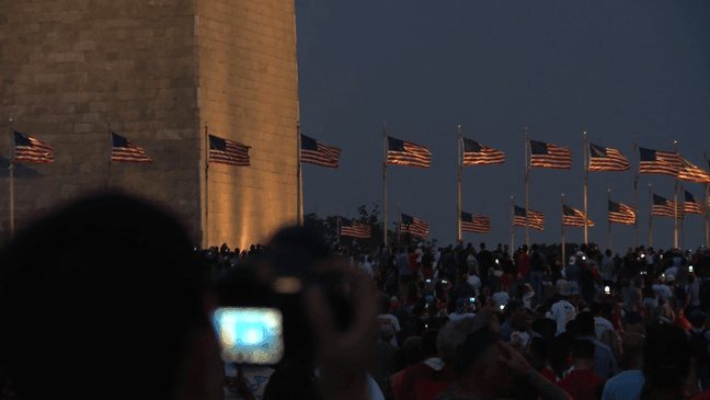 A crowd of thousands gather around the Washington Monument to watch the fireworks for the Army's 250th birthday celebration in D.C. (7News/Kimi Flemming){p}{/p}