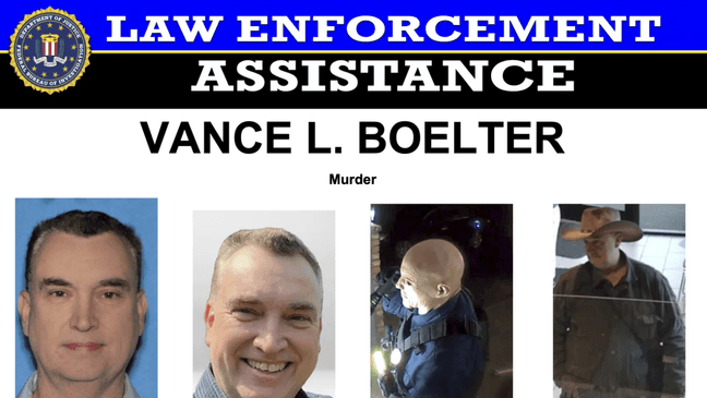 This image provided by the FBI on Saturday, June 14, 2025, shows part of a poster with photos of Vance L. Boelter. (FBI via AP){p}{/p}